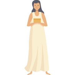Stylized Woman In Flowing Cream Colored Gown Holds Small Golden Box With Dark Hair And Bare Feet Against White Background