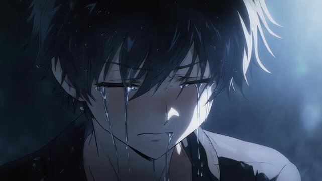 A powerful and emotional close-up of a heartbroken anime boy sobbing. The visible anguish and streams of tears in a dark, moody setting create a scene of pure despair and sadness.