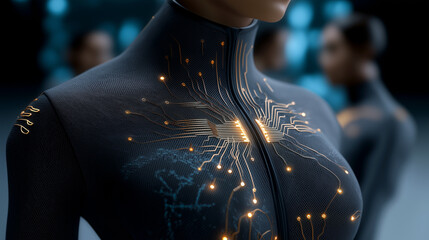 생체의학 센서가 내장된 미래지향적 의복을 착용한 여성, 초현실적 일러스트-A woman wearing a futuristic garment with biomedical sensors, a surreal illustration