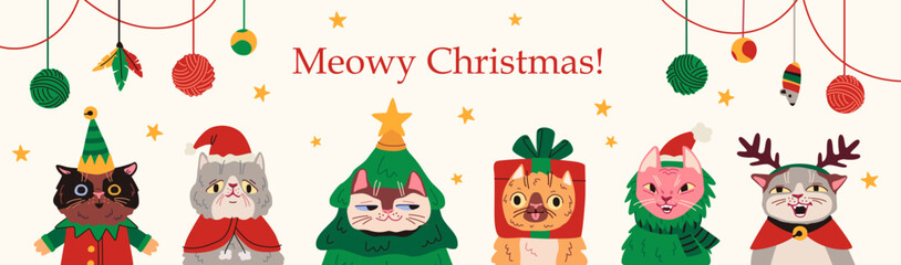 Cute Christmas cat characters in festive costumes. Cartoon banner design with cats dressed as Santa, reindeer, elf, and tree. “Meowy Christmas” card and holiday vector decor