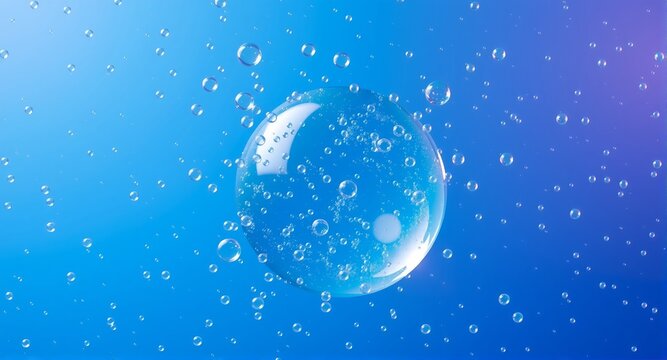 Here's the requested description and keywords based on the provided image. The image shows a sphere with many bubbles scattered across a blue background.

A clear orb sits amidst scattered bubbles aga