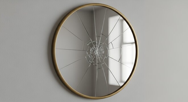 A circular wall mirror with a gold frame that is cracked radially from the center, set against a plain gray wall, symbolizing bad luck or fracture