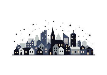 Fototapeta premium Stylized blue urban cityscape with a church and glowing windows under a starry night sky.