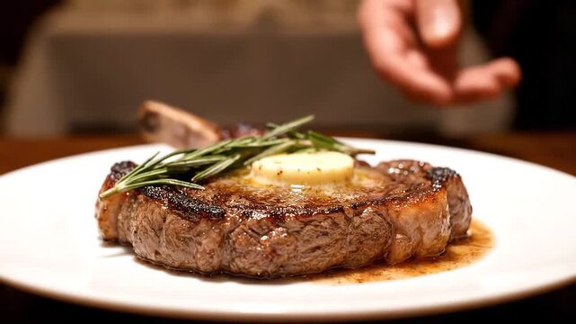 Perfectly Grilled Ribeye Steak Served at a Fine Dining Restaurant.