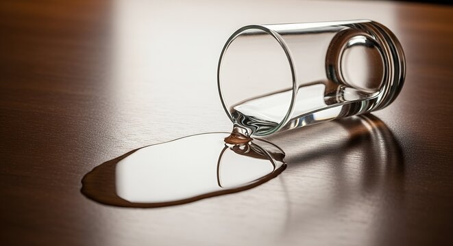 A clear glass tumbler is tipped over on a wooden table, with water or dark liquid spilled and pooled next to it, symbolizing a mistake or accident