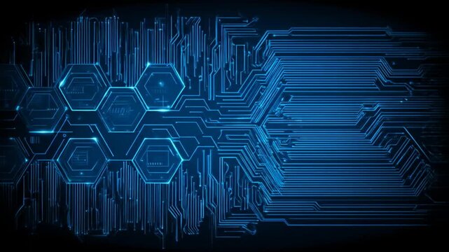 Futuristic abstract blue technology background. Glowing hexagonal grid and complex circuit board patterns symbolize digital data and AI innovation.