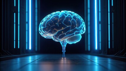 A glowing blue brain stands in a futuristic environment, illuminated by neon lights, symbolizing advanced technology and cognitive science.