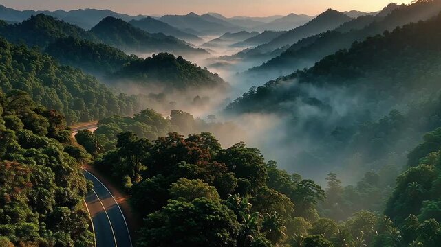 A breathtaking panoramic view of a mountain range at dawn, with layers of mist gently rolling through the valleys. The dark green forested hills in the foreground contrast beautifully with the soft, b