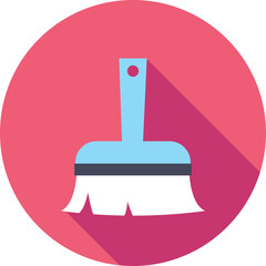 Light Blue And White Broom Icon With A Pink Circle Background And A Long Dark Pink Shadow Representing Cleaning Services And Housekeeping