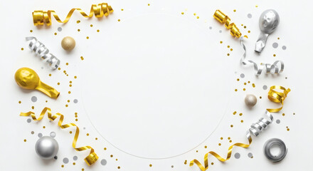 Fototapeta premium Festive Gold and Silver Party Decorations Frame on White Background with Copy Space