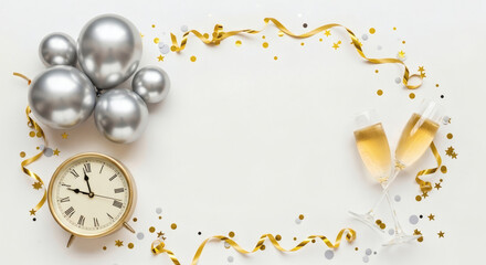 New Year s Eve Celebration Frame with Silver Balloons Champagne Flutes and Countdown Clock Copy Space