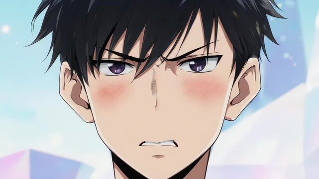 A sharp and modern-styled extreme close-up of an annoyed anime boy. His scowl and puffed cheek perfectly capture a moment of irritation or displeasure. Clean, bright lighting.