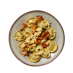 Mushroom pasta in a circular tiled plate, top view cut out isolated transparent background