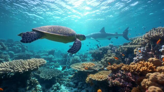 An underwater scene teeming with marine life, showcasing a graceful sea turtle swimming peacefully above a vibrant coral reef. In the background, a large shark glides through the clear blue water, add