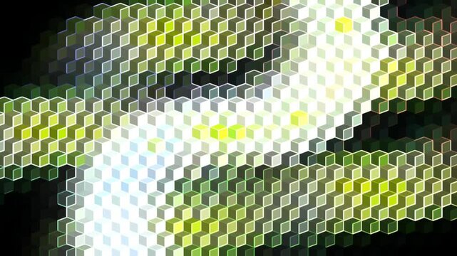 Bright abstract geometric animation featuring a cuboidal hexagon pattern with rhythmic blinking and smooth transitions. Modern digital background ideal for motion graphics or visuals.