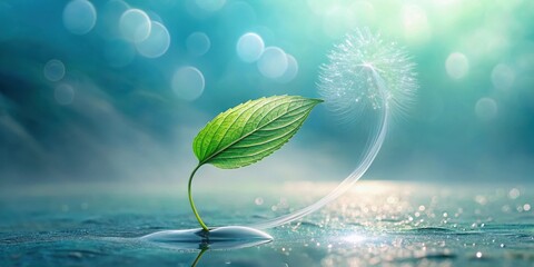 A single sprout emerges from a droplet, reaching towards a wispy seed head floating on a tranquil, shimmering surface; a symbolic representation of growth, nature, and the cycle of life.