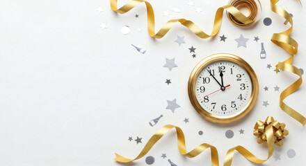 Golden Clock Striking Midnight with Festive Ribbons and Confetti for New Year s Eve Celebration