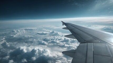 Fototapeta premium Airplane wing seen above fluffy clouds under a dark blue sky.