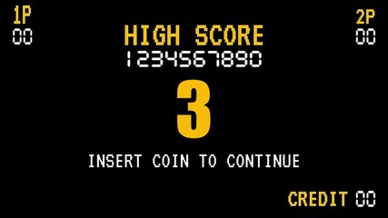 Classic arcade game continue screen with a prominent pixelated number countdown from 8 to 0. Vintage or classic arcade game with retro style. 4K video animation for gaming. - Powered by Adobe