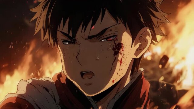 An epic close-up of a battle-worn anime warrior. The intense focus in his eyes, a cut on his cheek, and dynamic lighting from a nearby fire convey the heat and danger of combat.