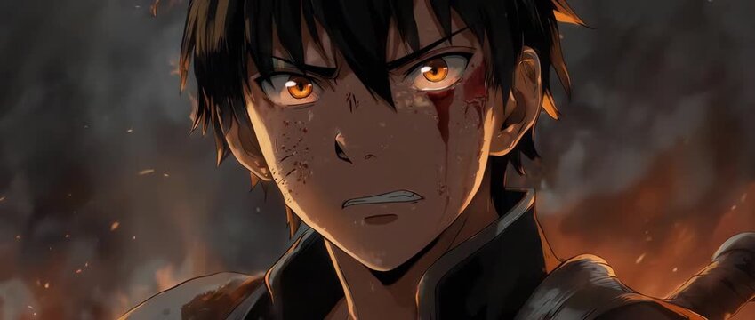 An epic close-up of a battle-worn anime warrior. The intense focus in his eyes, a cut on his cheek, and dynamic lighting from a nearby fire convey the heat and danger of combat.