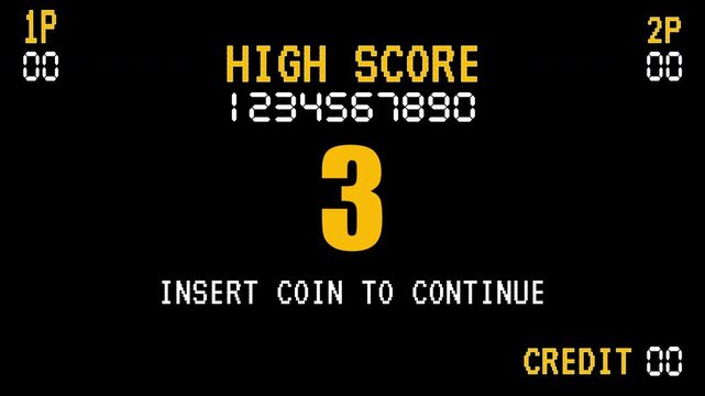 Classic arcade game continue screen with a prominent pixelated number countdown from 8 to 0. Vintage or classic arcade game with retro style. 4K video animation for gaming.
