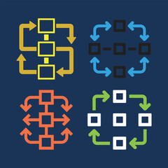 Obraz premium Four colorful flowcharts with squares and arrows on blue background diagram process