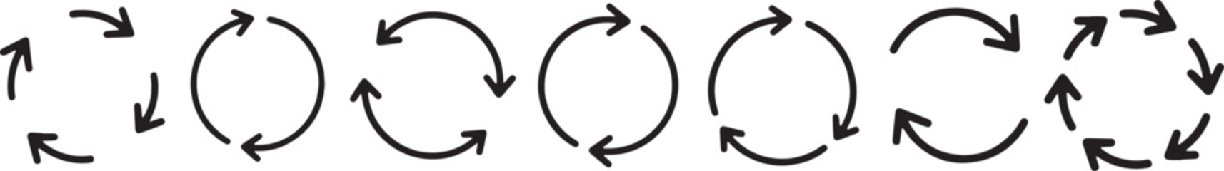 Collection of hand-drawn black circular arrows in various looping styles, showing clockwise and counterclockwise rotation.