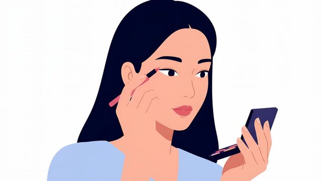 Illustrated Woman Applying Eyeliner While Looking in a Compact Mirror