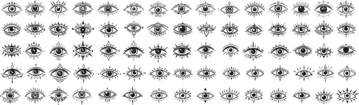 Collection of mystical hand-drawn eye symbols in ornate black line art, each with unique decorative elements like rays, teardrops, and geometric accents.