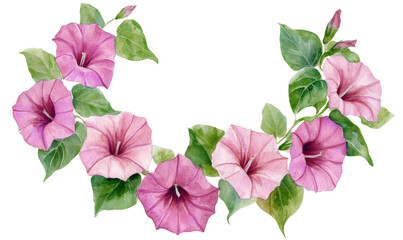 Watercolor wild morning glory flower in the corner, with blue, purple, and green colors in a clipart style with a white background.

