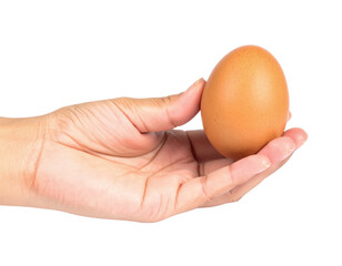 Egg in hand close up protein food cooking ingredient concept on transparent background