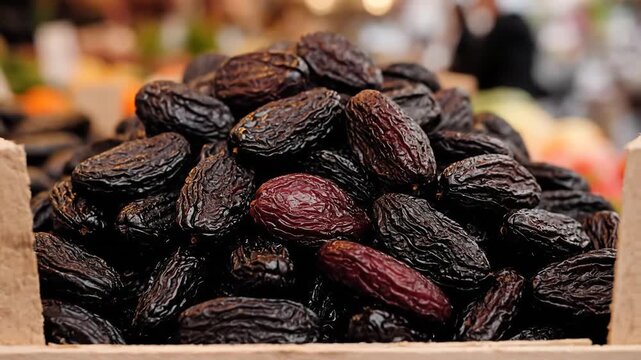 Closeup of a pile of dried dates showcasing their rich color and texture ready for sale at a market stall.