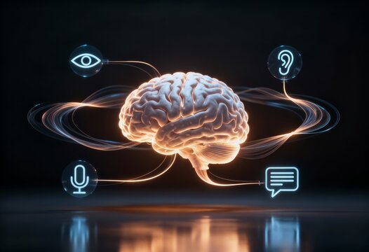 Glowing 3D digital brain surrounded by icons for vision, hearing, speech, and text representing multimodal artificial intelligence.