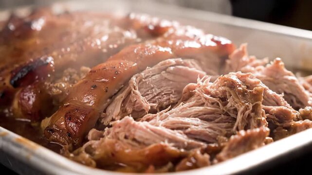 Closeup of succulent pulled pork in a metal tray steaming hot and ready to serve at a barbecue.