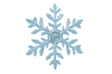 Ice crystal snowflake showing intricate symmetrical structure on transparent background