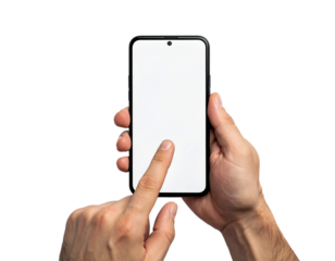 Blank phone screen mockup held by hands for app presentation on transparent background