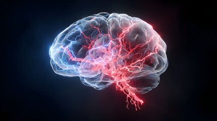 Glowing human brain with illuminated blood vessels against a dark background.