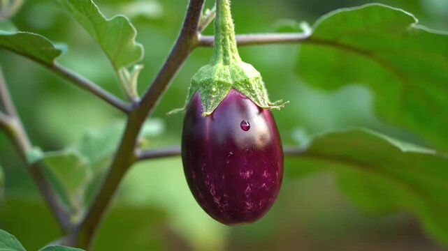 Fresh Purple Eggplant Growing on a Vine in a Garden.