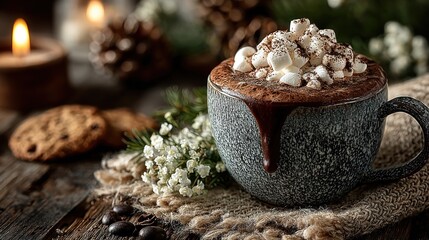 Cozy Winter Scene: Hot Chocolate with Marshmallows, Cookies, and Candles Creating Warmth