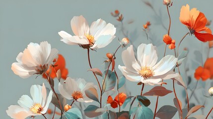 Fototapeta premium Delicate white and orange blossoms bloom against a soft blue background.
