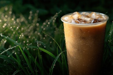 Morning Coffee Cup on Green Grass with Water Droplets in Background
