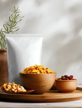 Snack Mix and Namkeen Presentation on Tray with Packaging Mockup
