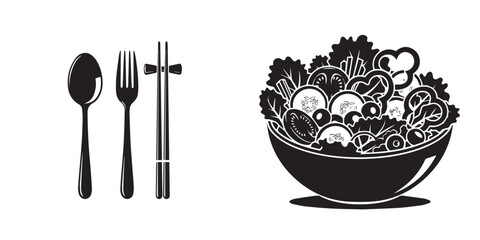 Black and White Vector Icons: Dining Utensils and Fresh Salad Bowl