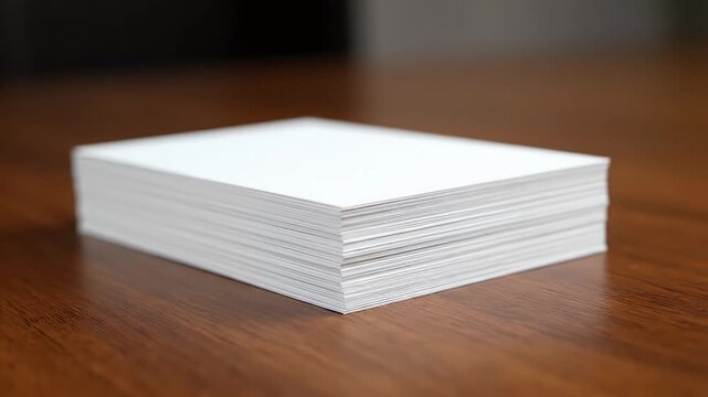 Close Up of Stacked White Business Cards on Wood Table in Soft Lighting