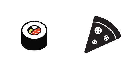 Flat Design Food Icons: Sushi Roll and Pizza Slice Illustrations