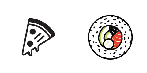 Minimalist Outline Icons: Pizza Slice and Sushi Maki Roll