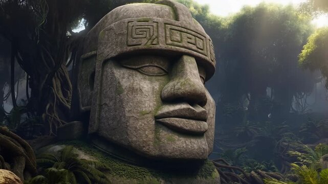 Ancient olmec colossal head sculpture in a mysterious jungle