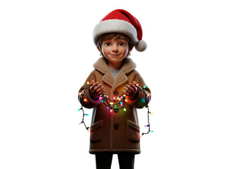 Cute Christmas kid holding colorful festive lights isolated on transparent background
