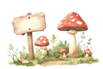 Watercolor mushrooms, clouds, and a sign vector illustration set on a white background with a clipping path. Illustration of a mushroom in a watercolor style.